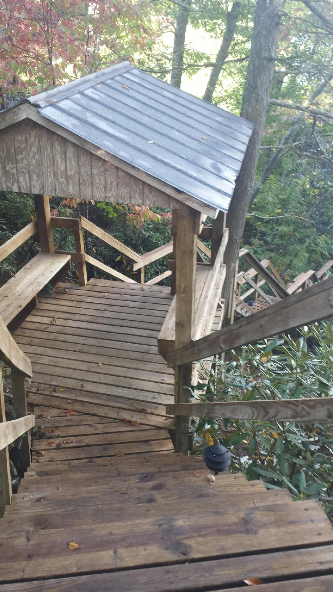 Metal roofed shelter over wooden steps on a wooded walkway — Skylight Repair & Installation work by our crew in Mill Hall